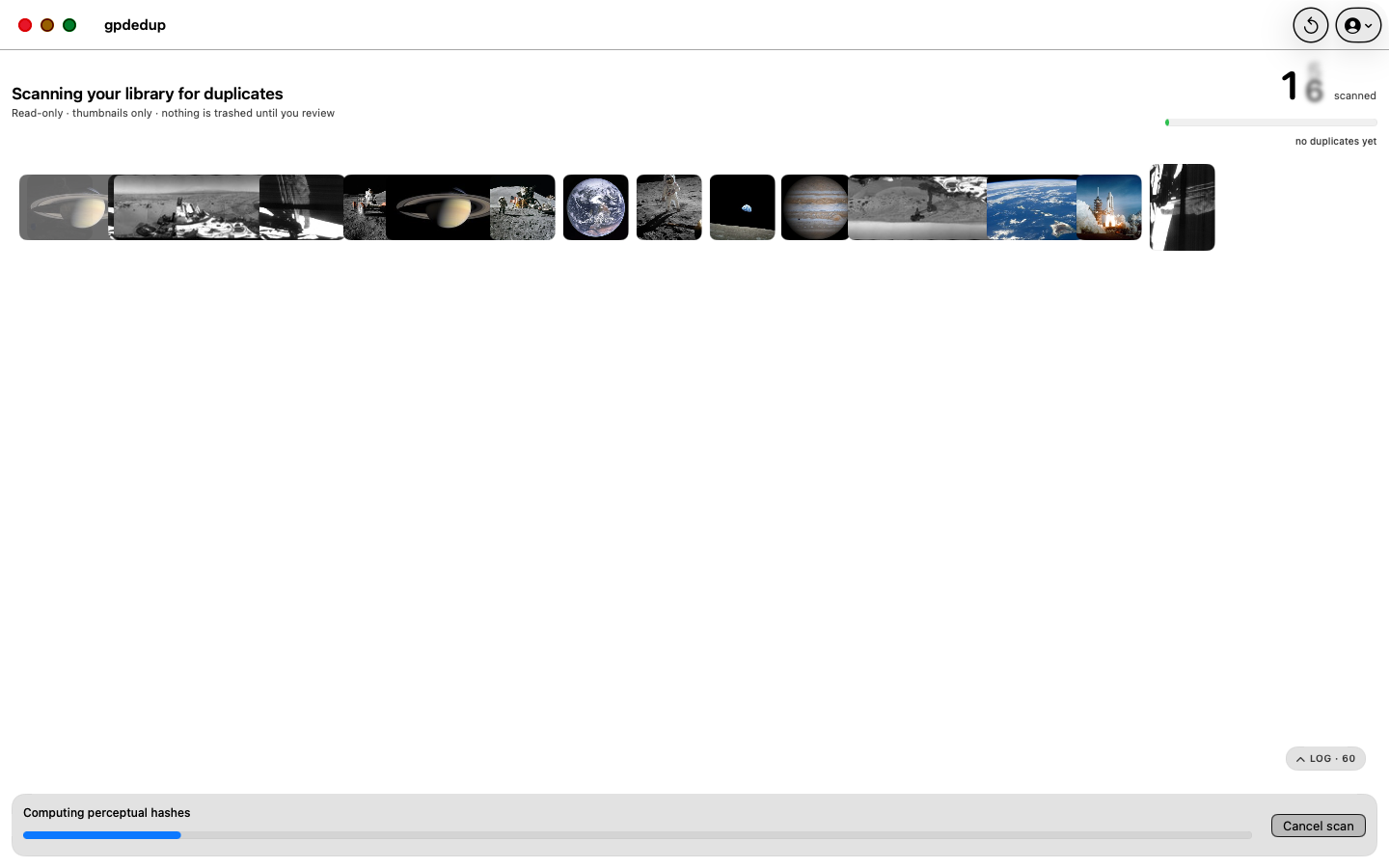 Photos scroll across as thumbnails are fetched and hashed