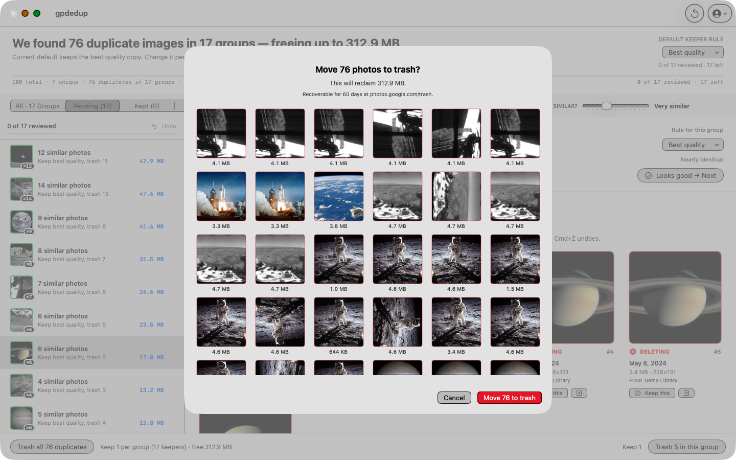 Move 76 photos to Google Photos Trash? Recoverable for 60 days.