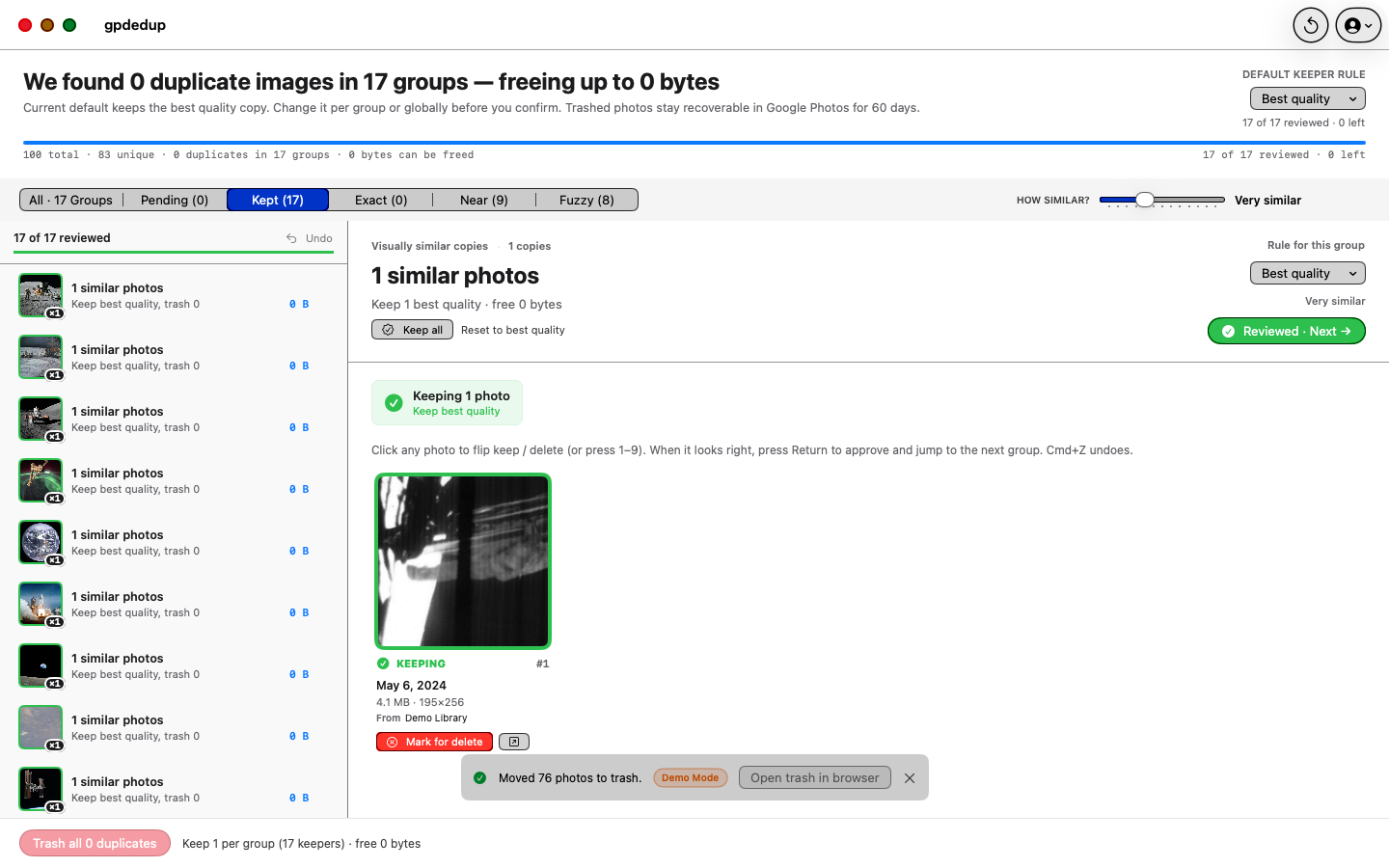 Moved 76 photos to trash, 60 day restore window intact